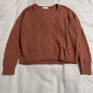 Madewell Rust Cable-Knit V-Neck Sweater alpaca blend